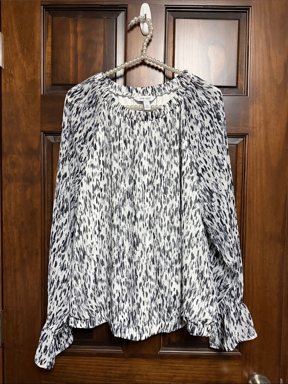 Nine West Black and White Printed Peasant Blouse